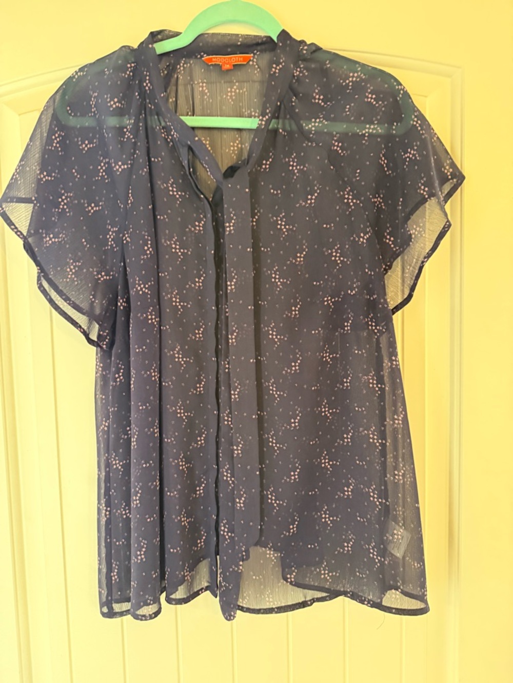 Modcloth Navy Sheer Tie-Neck Blouse with Pale Pink Dot Print
